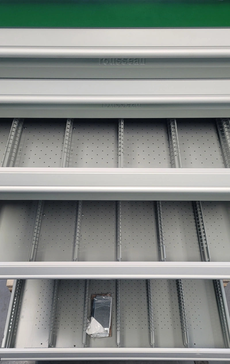 CAB361846 cabinet robuste fixe vert et gris 10 tiroirs Rousseau métal liquidation promotion en stock Pedlex