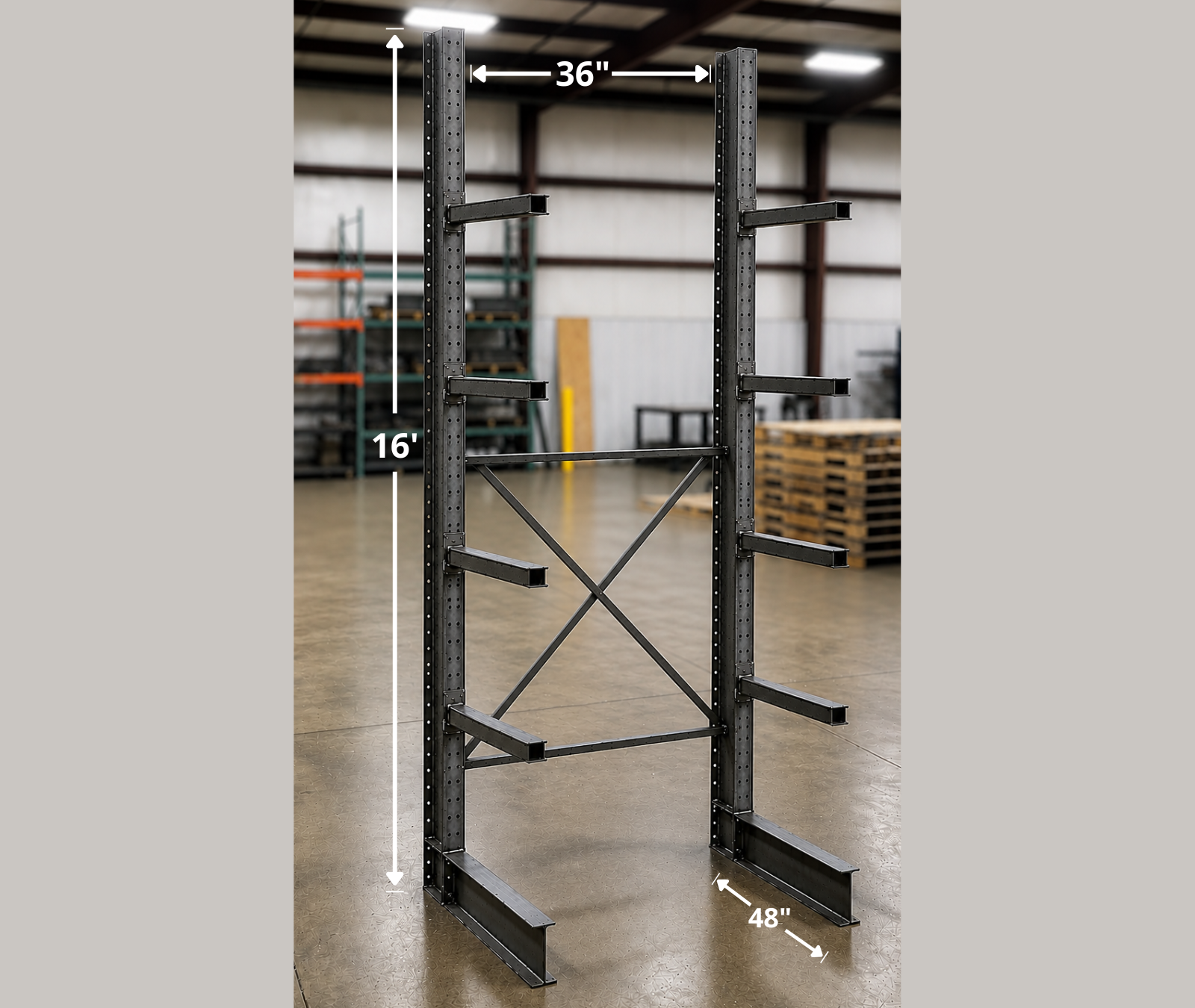 Rayonnage en porte-à-faux 36x48x192H en stock chez Pedlex cantilever racking liquidation promotion clearance sale