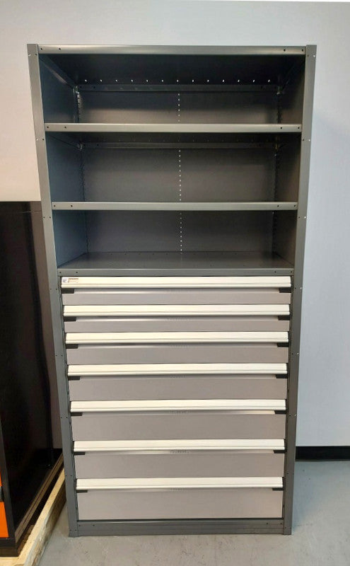 ÉTAGÈRE FERMÉE SPIDER ROUSSEAU - 7 TIROIRS COMPARTIMENTÉS, 5 TABLETTES, GRIS, 42x24x87H R5SHE-422487