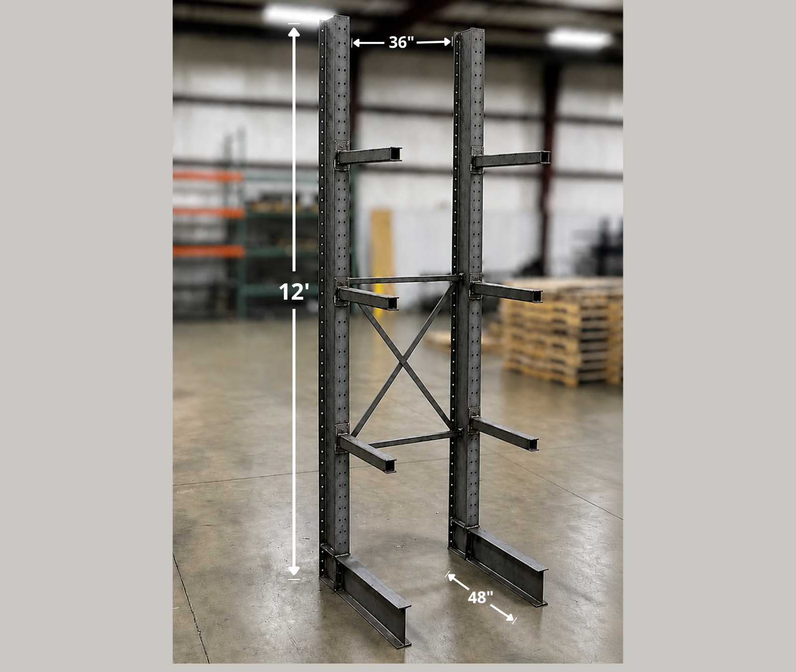 Rayonnage en porte-à-faux 36x48x144H en stock chez Pedlex cantilever racking liquidation promotion clearance sale