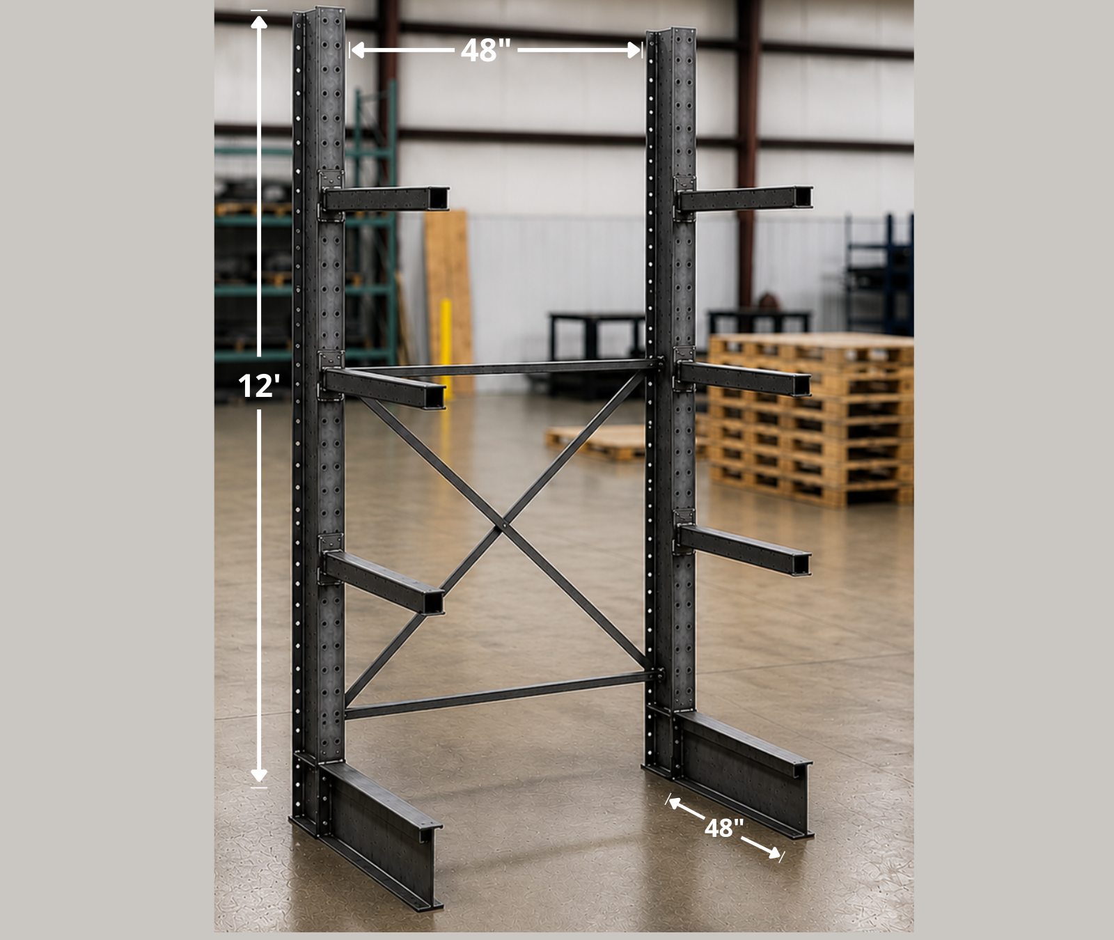 Rayonnage en porte-à-faux 48x48x144H en stock chez Pedlex cantilever racking liquidation promotion clearance sale